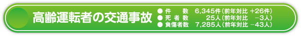 高齢運転者の交通事故
件数 6,345件(前年対比 +26件)
死者数 25人(前年対比 -3人)
負傷者数 7,285人(前年対比 -43人)